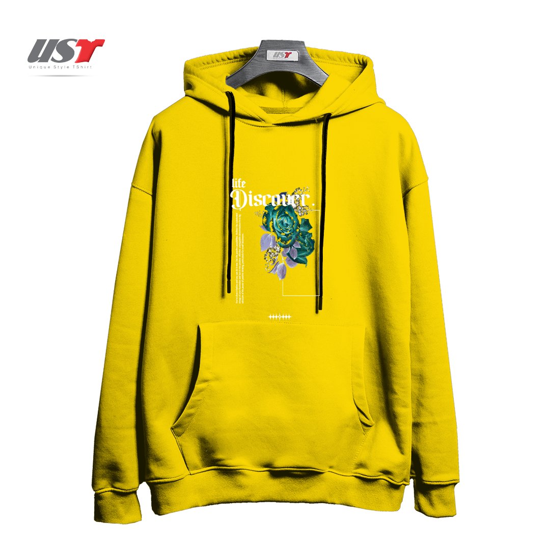 طرح Discover هودی اورسایزرنگ زرد