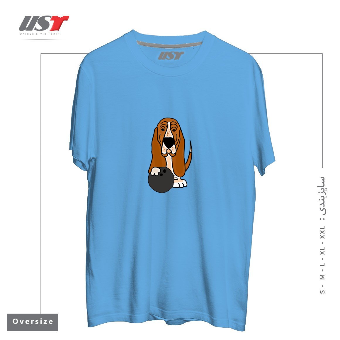 طرح FUNNY BASSET HOUND DOG BOWLING CARTOON تیشرت اورسایزرنگ آبی روشن