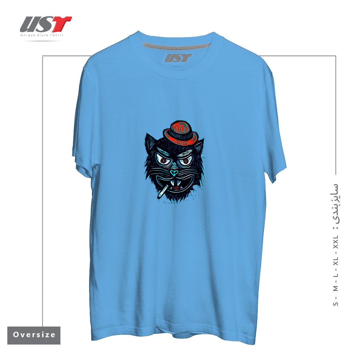 طرح TOUGH CAT تیشرت اورسایزرنگ آبی روشن