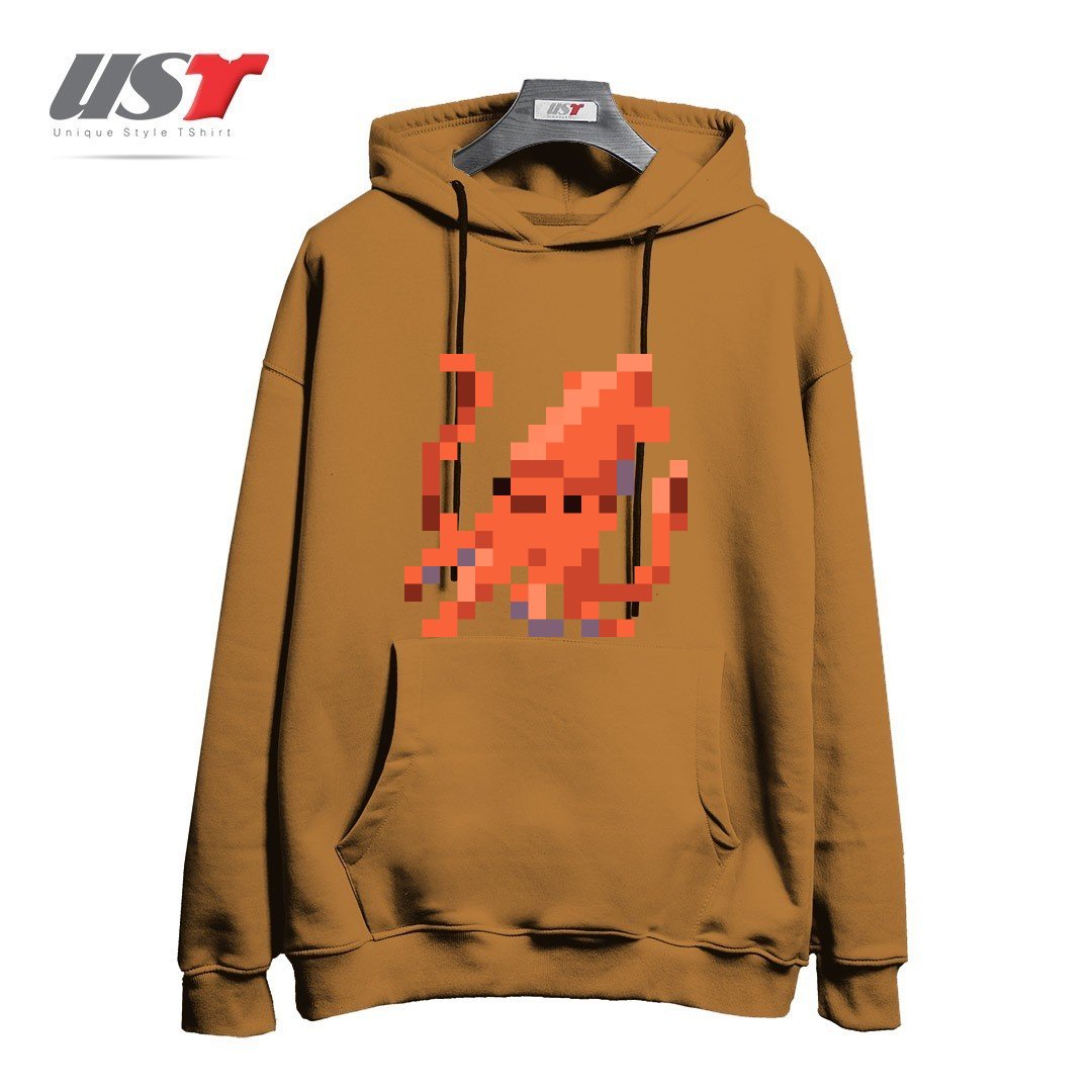 طرح ORANGE PIXEL OCTOPUS EMOJI هودی اورسایزرنگ نسکافه ای