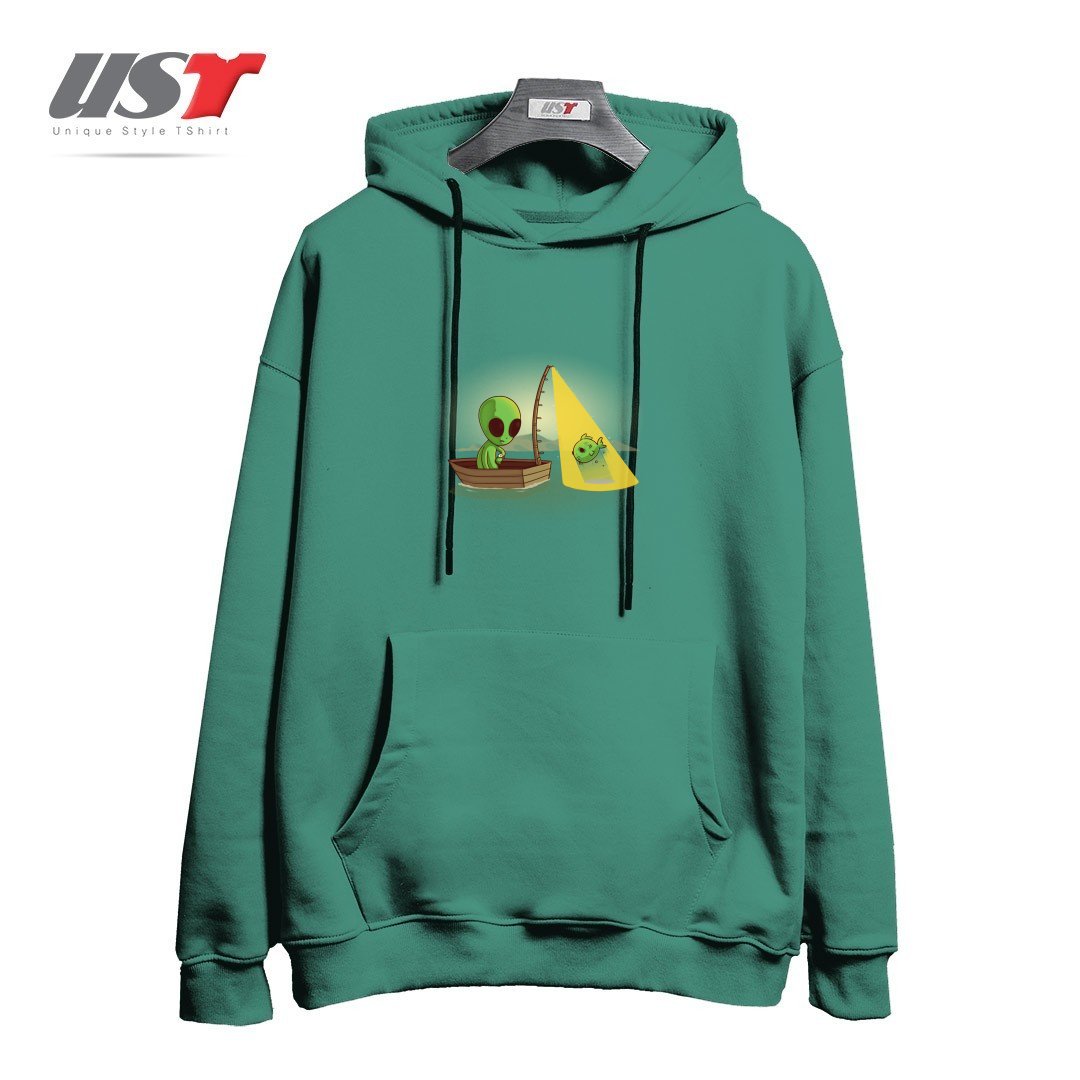 طرح ALIEN FISHING هودی اورسایزرنگ سبز سدری