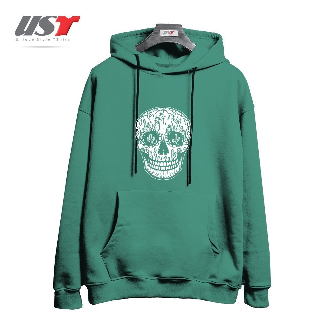 طرح CACTI SKULL (WHITE) هودی اورسایزرنگ سبز سدری