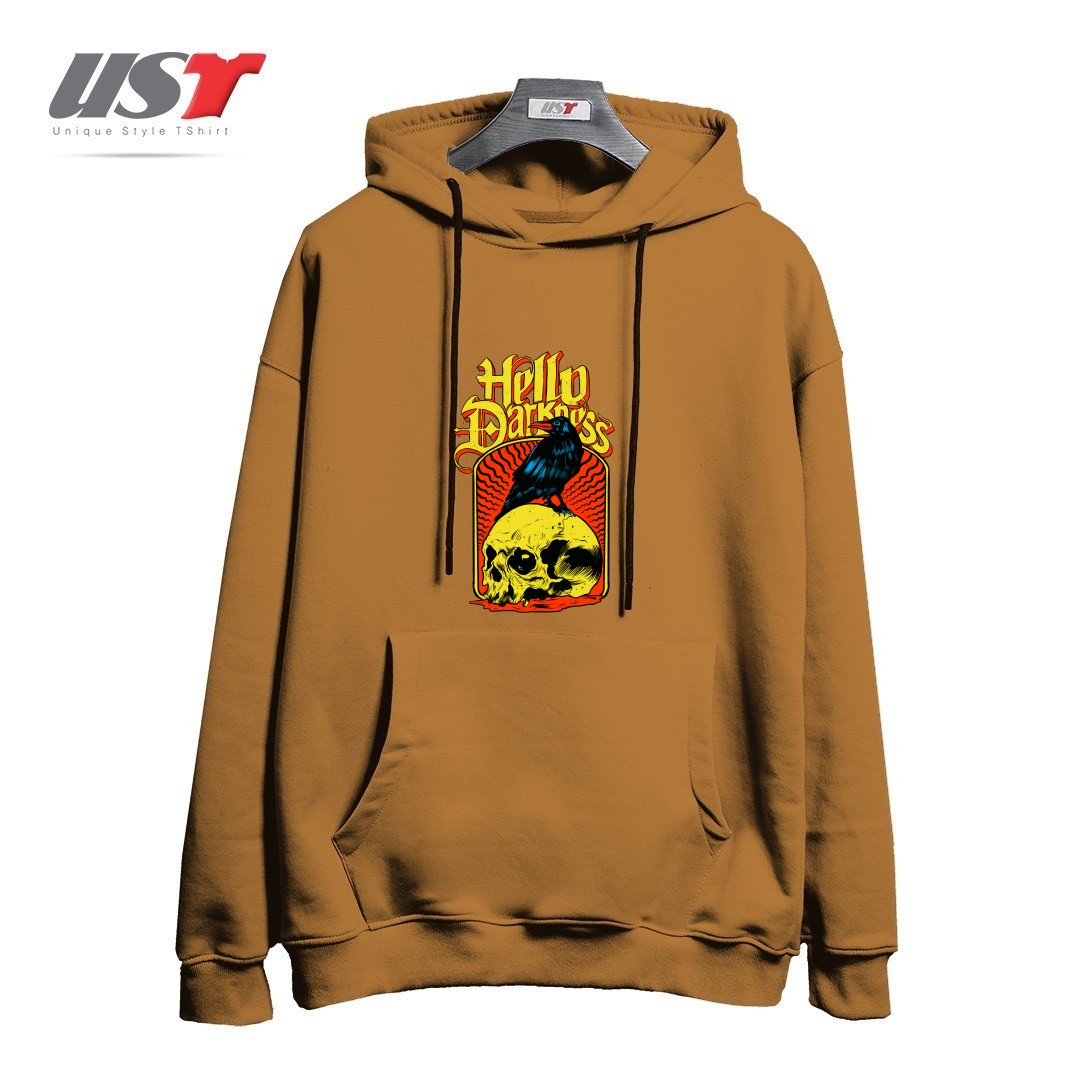 طرح HELLO DARKNESS هودی اورسایزرنگ نسکافه ای
