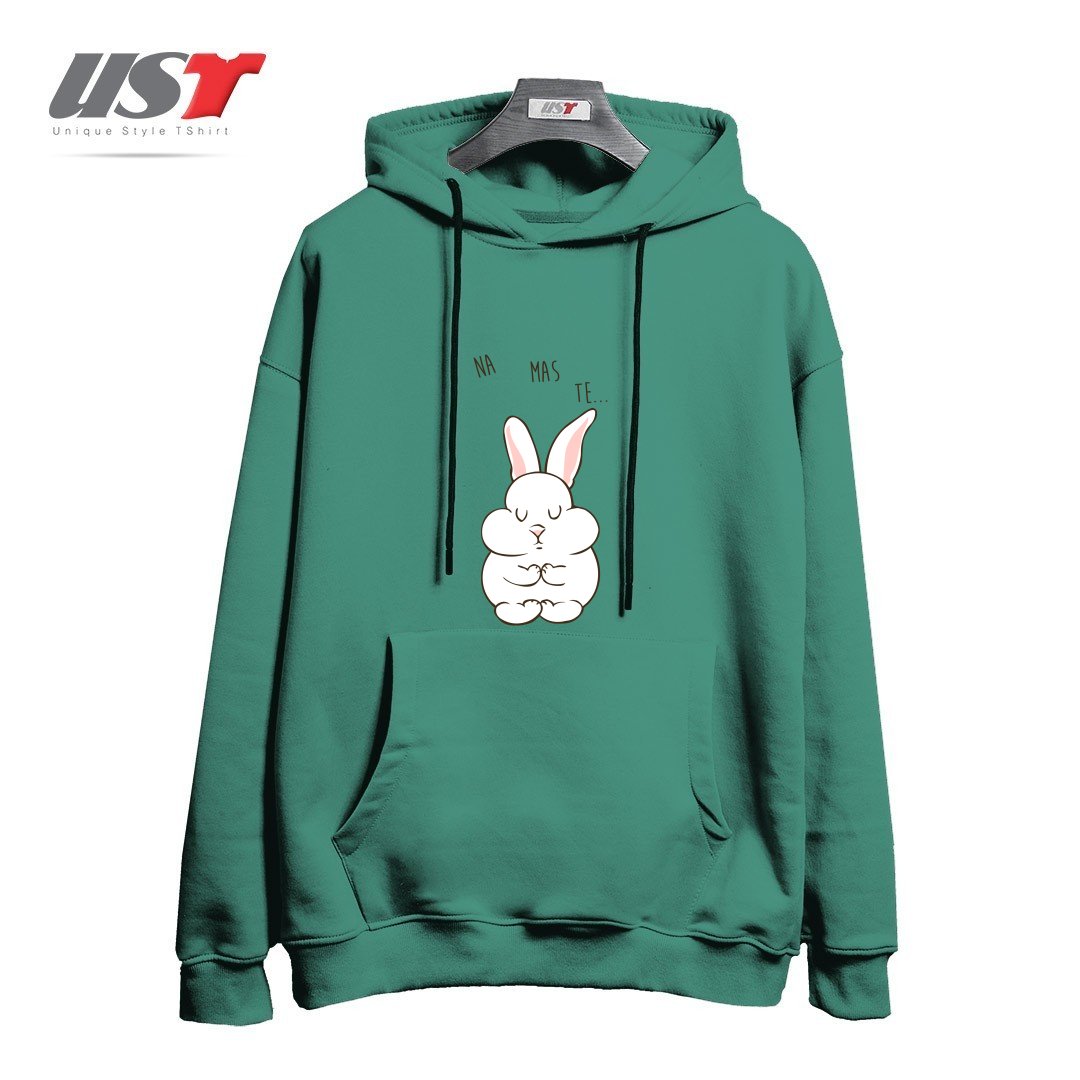 طرح NAMASTE RABBIT هودی اورسایزرنگ سبز سدری
