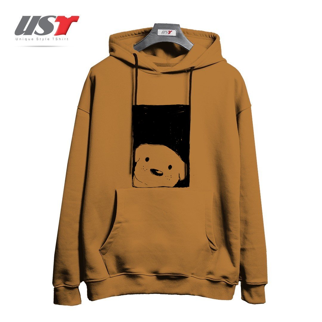 طرح DOG LOOKING OUT A WINDOW هودی اورسایزرنگ نسکافه ای