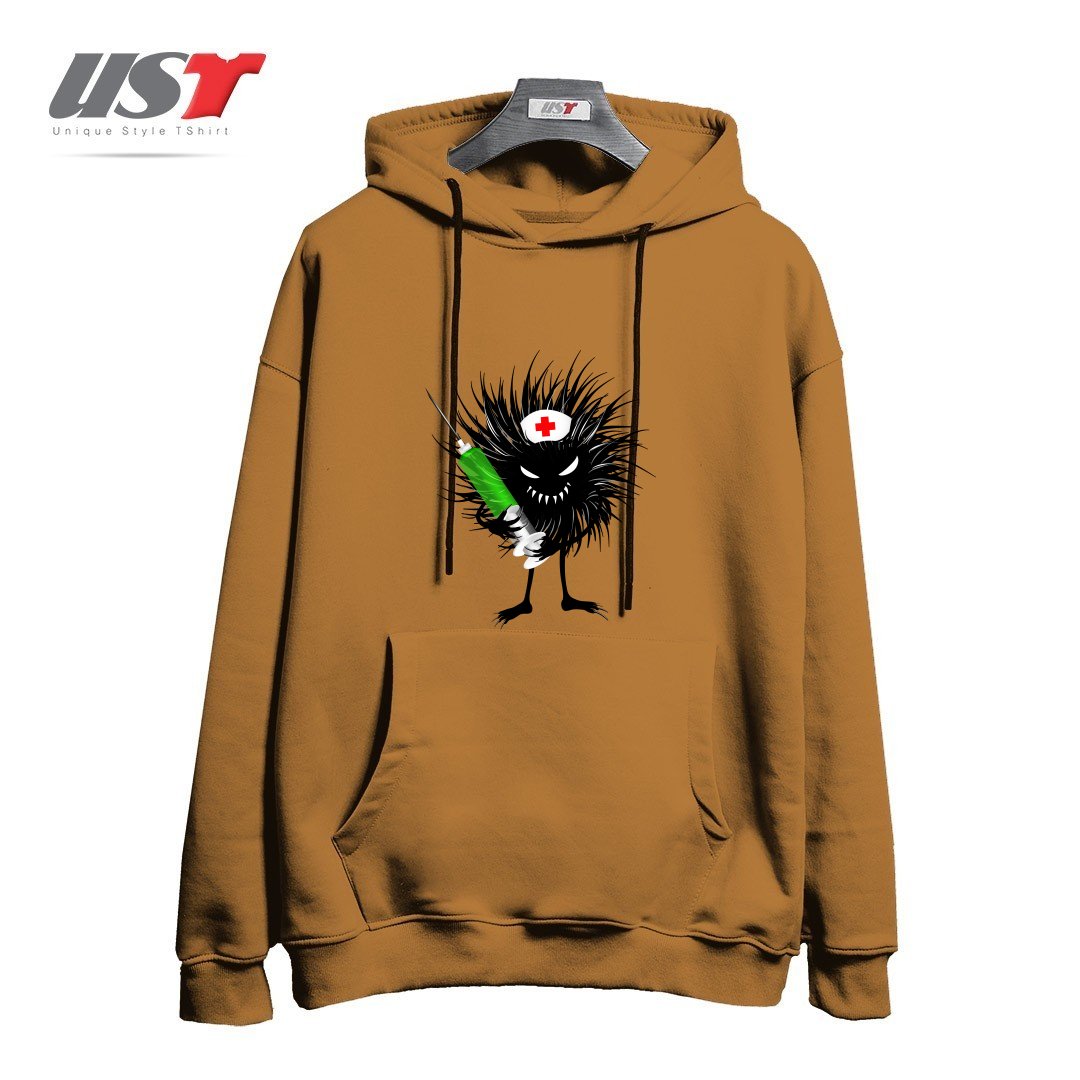 طرح FUNNY EVIL BUG NURSE WITH SYRINGE هودی اورسایزرنگ نسکافه ای