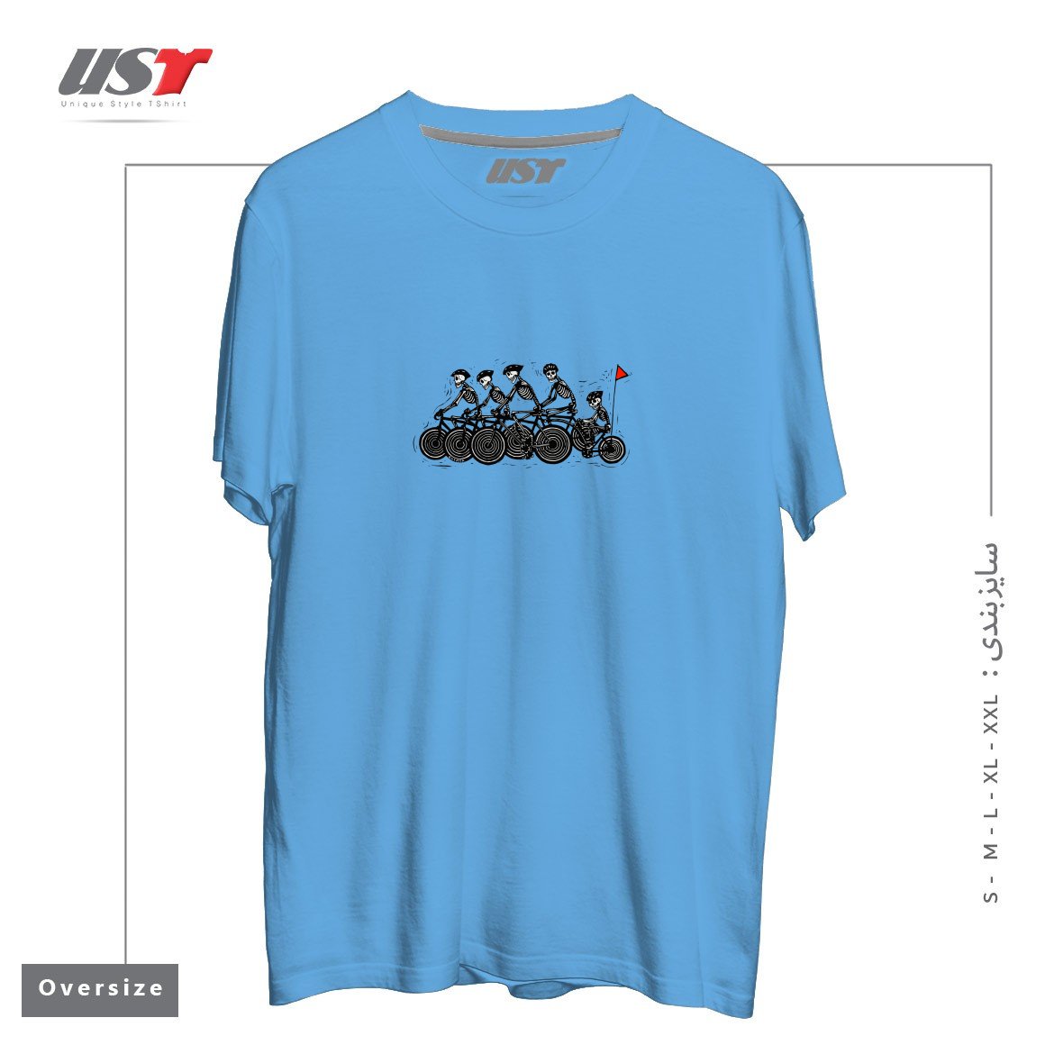 طرح SKELETON BIKE TEAM تیشرت اورسایزرنگ آبی روشن