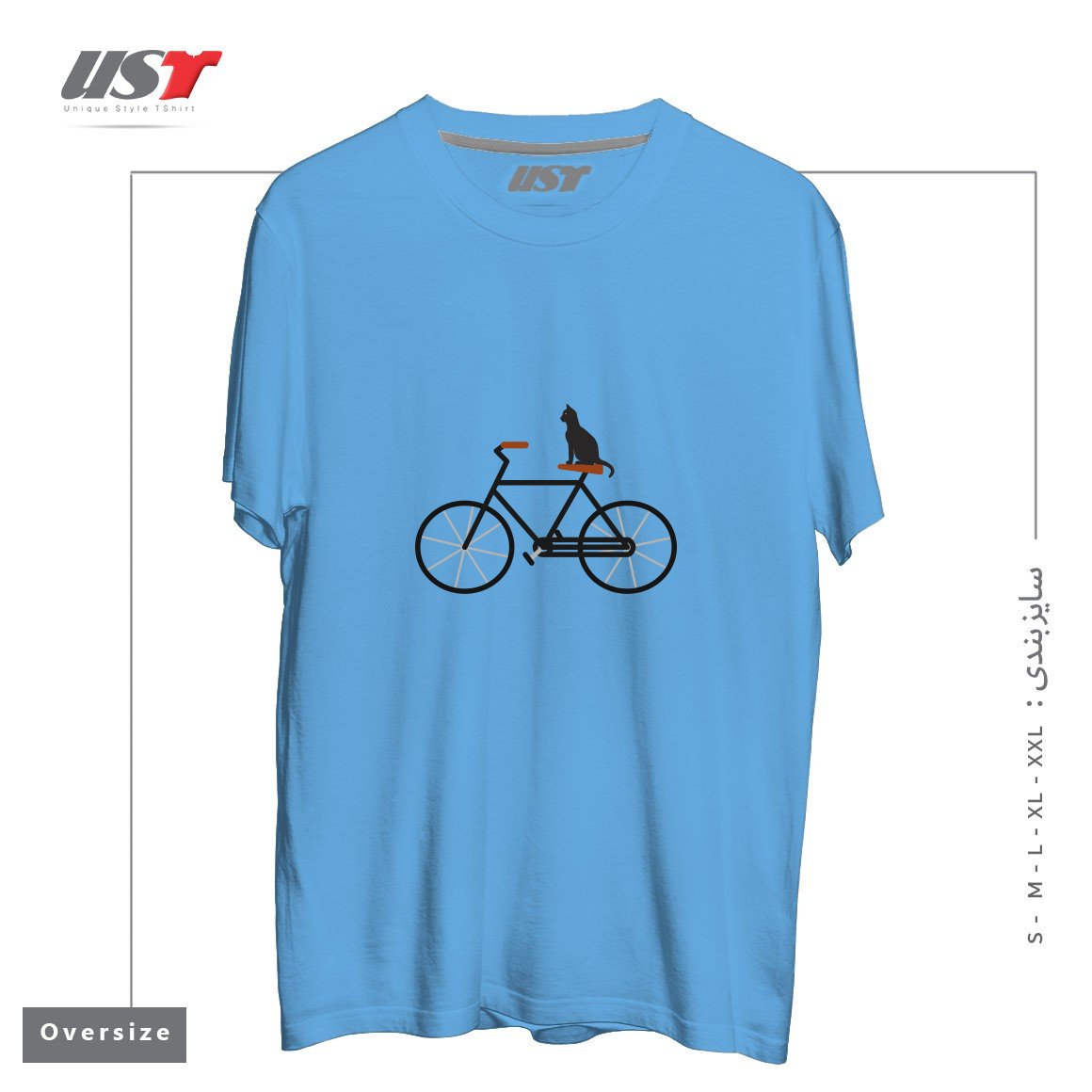 طرح CAT RIDING BIKE تیشرت اورسایزرنگ آبی روشن