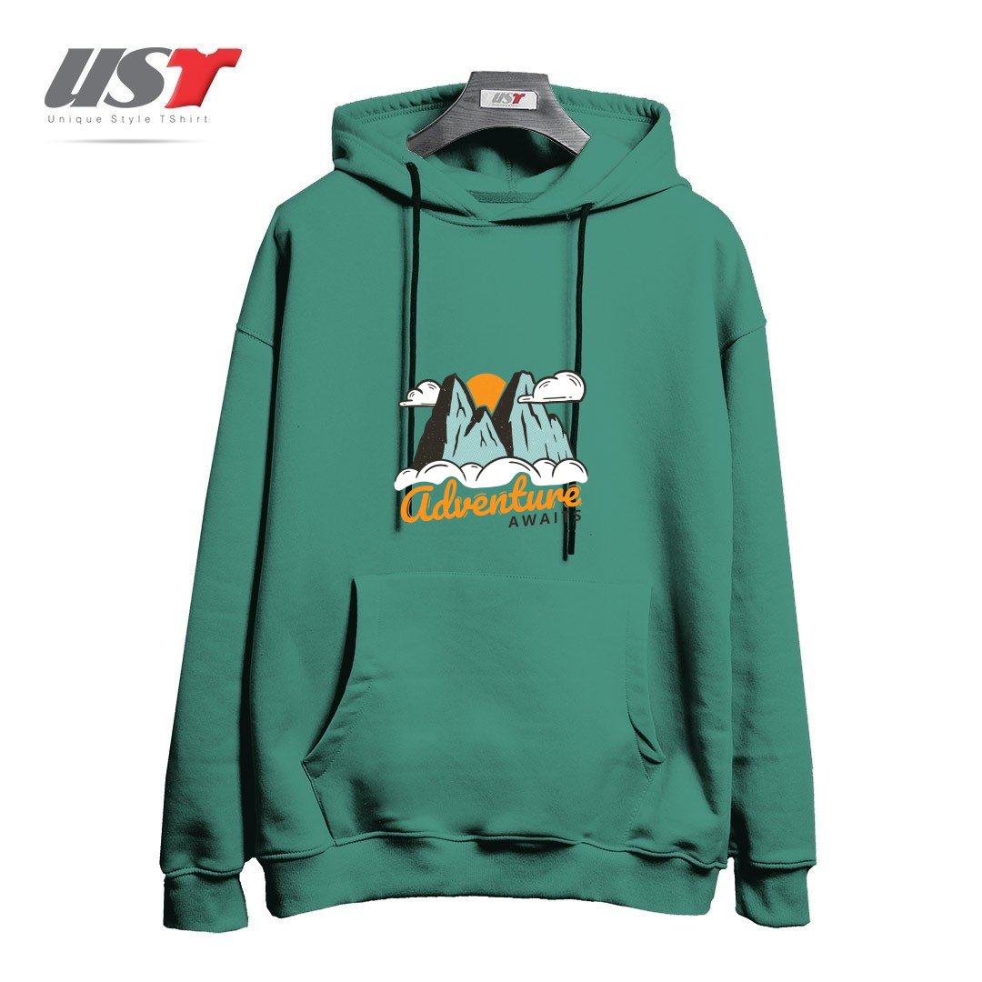 طرح NATURE - ADVENTURE AWAITS هودی اورسایزرنگ سبز سدری