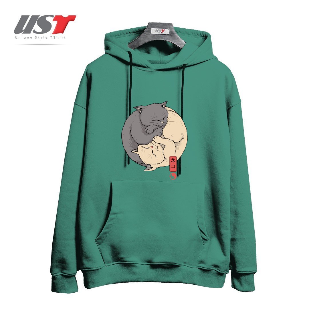 طرح YIN YANG CATS هودی اورسایزرنگ سبز سدری