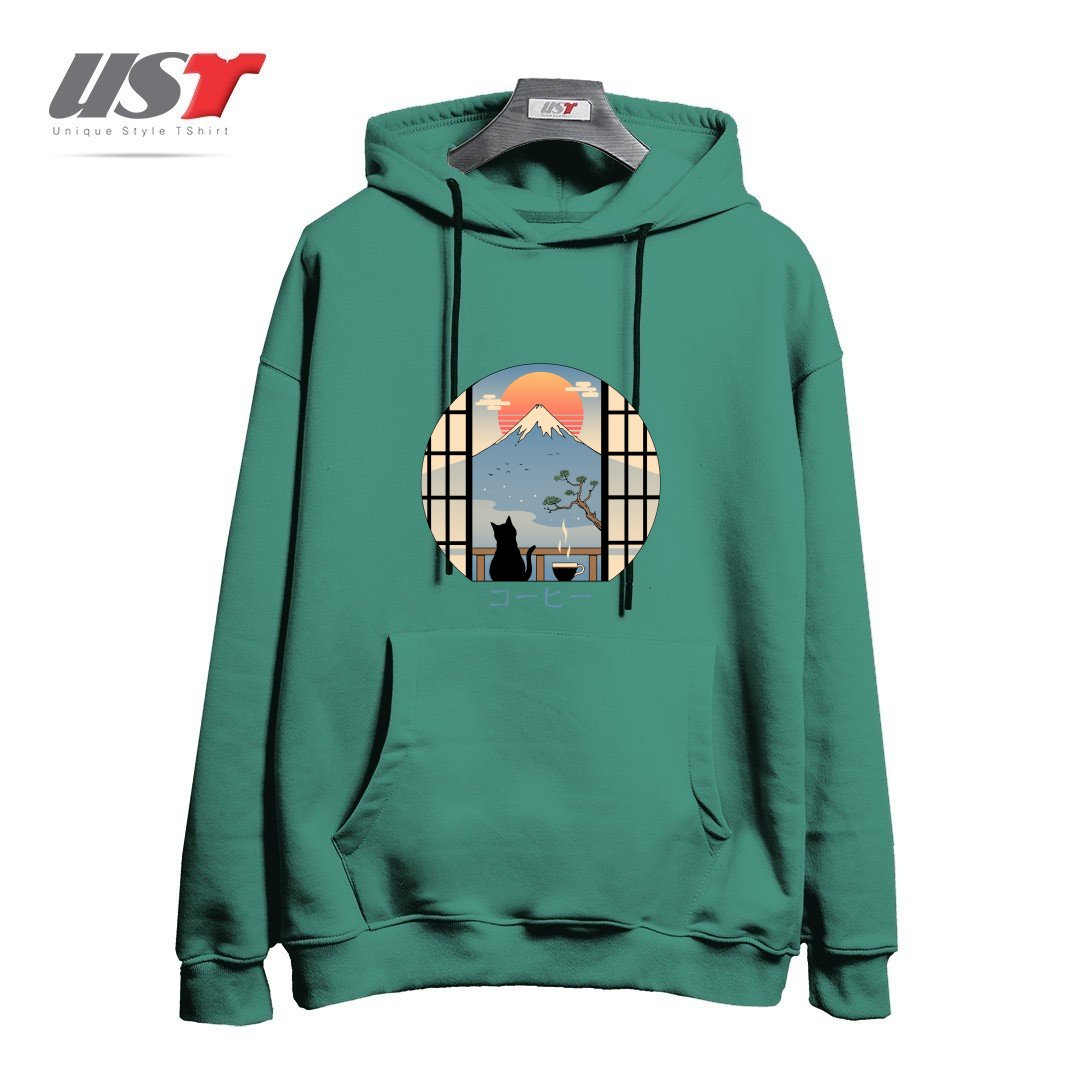 طرح COFFEE CAT IN MT. FUJI هودی اورسایزرنگ سبز سدری