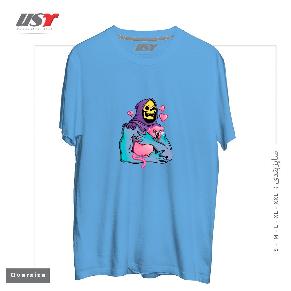 طرح SKELETOR'S CAT تیشرت اورسایزرنگ آبی روشن