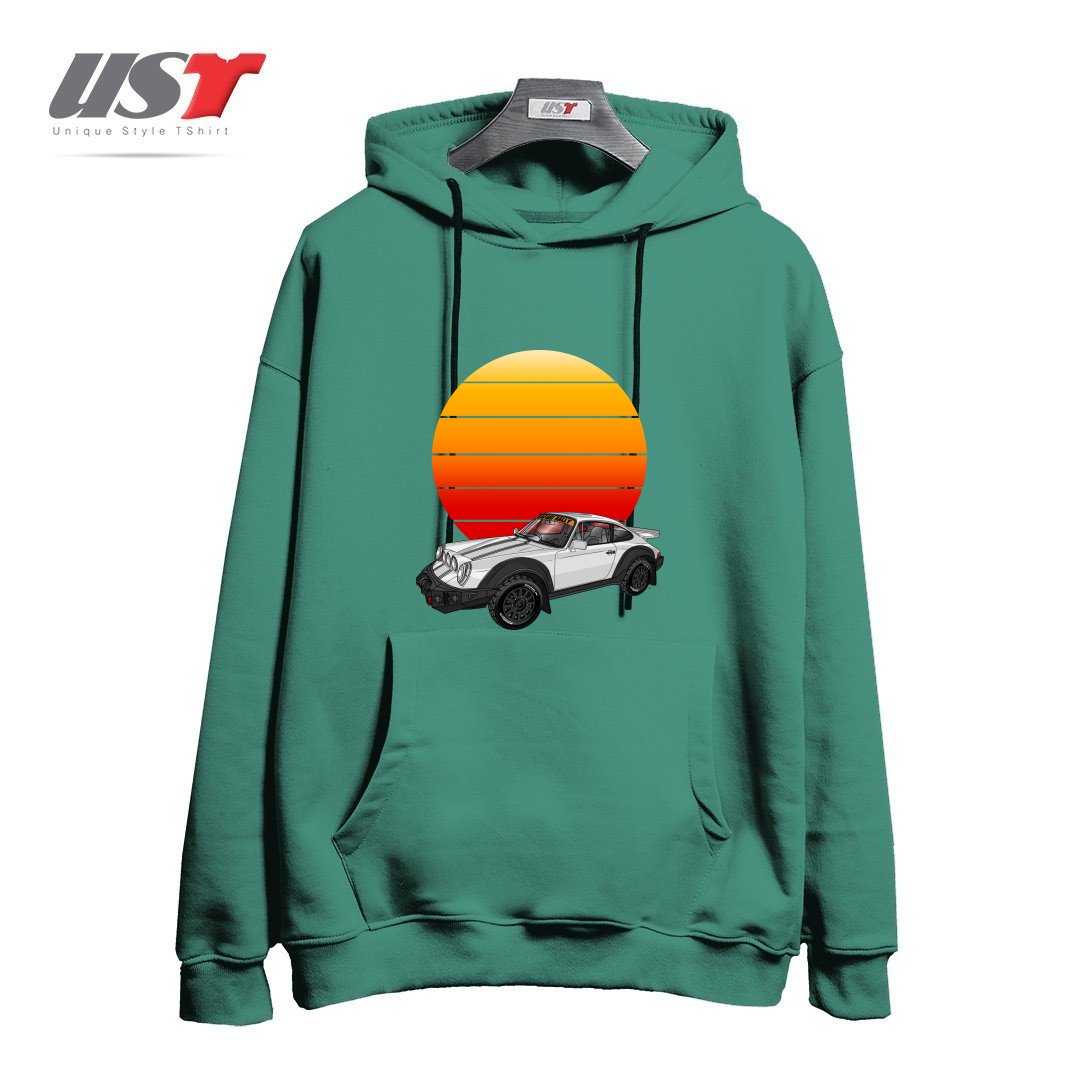 طرح 911 CARRERA SAFARI RALLY SPORTS CAR SUNSET هودی اورسایزرنگ سبز سدری