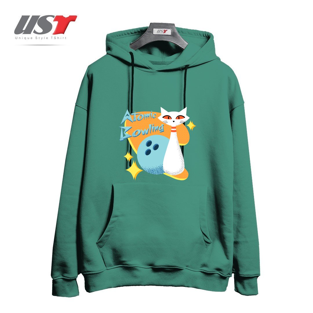 طرح ATOMIC CAT IN MID-CENTURY MODERN BOWLING DESIGN هودی اورسایزرنگ سبز سدری
