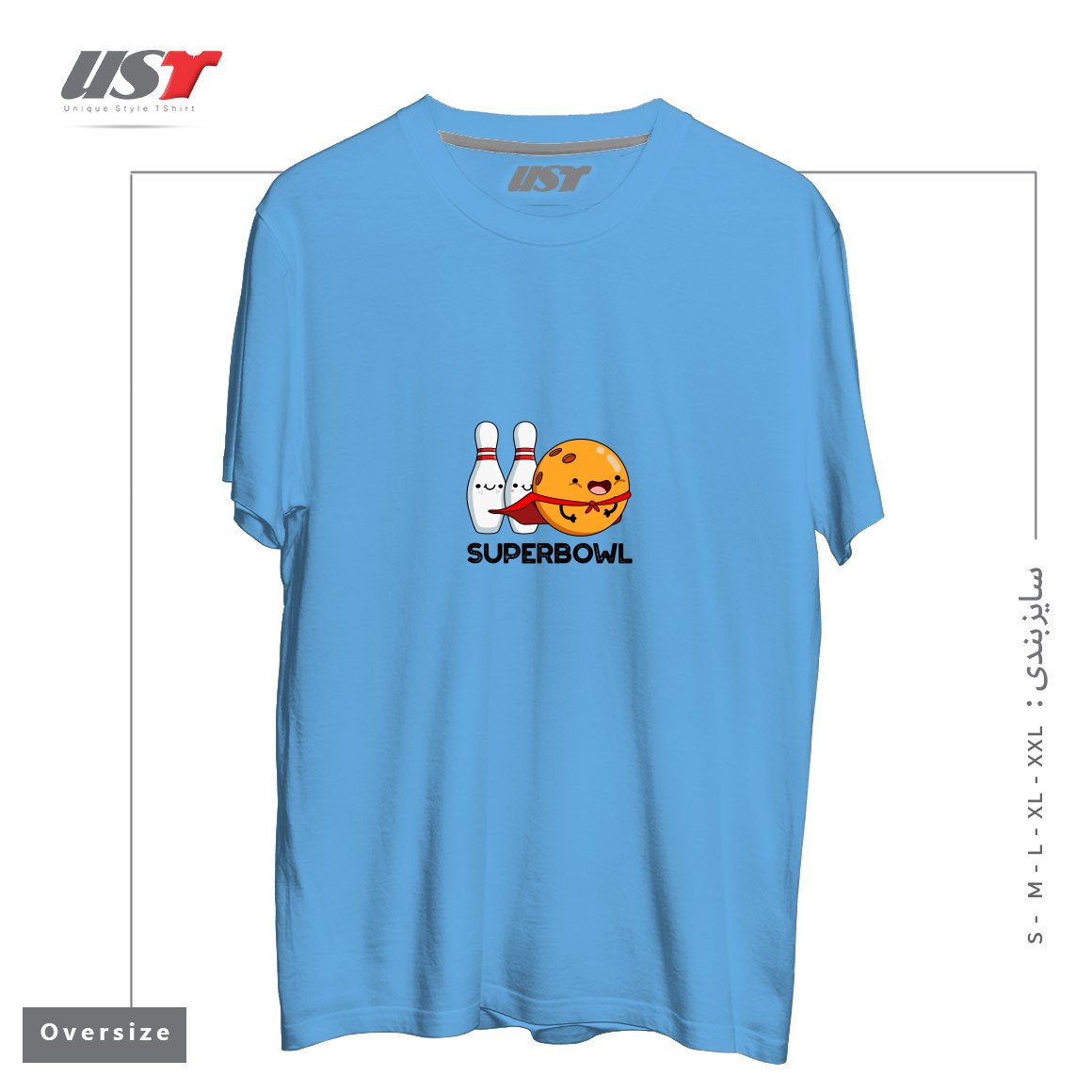 طرح SUPER BOWL CUTE SUPER HERO BOWLING PUN تیشرت اورسایزرنگ آبی روشن
