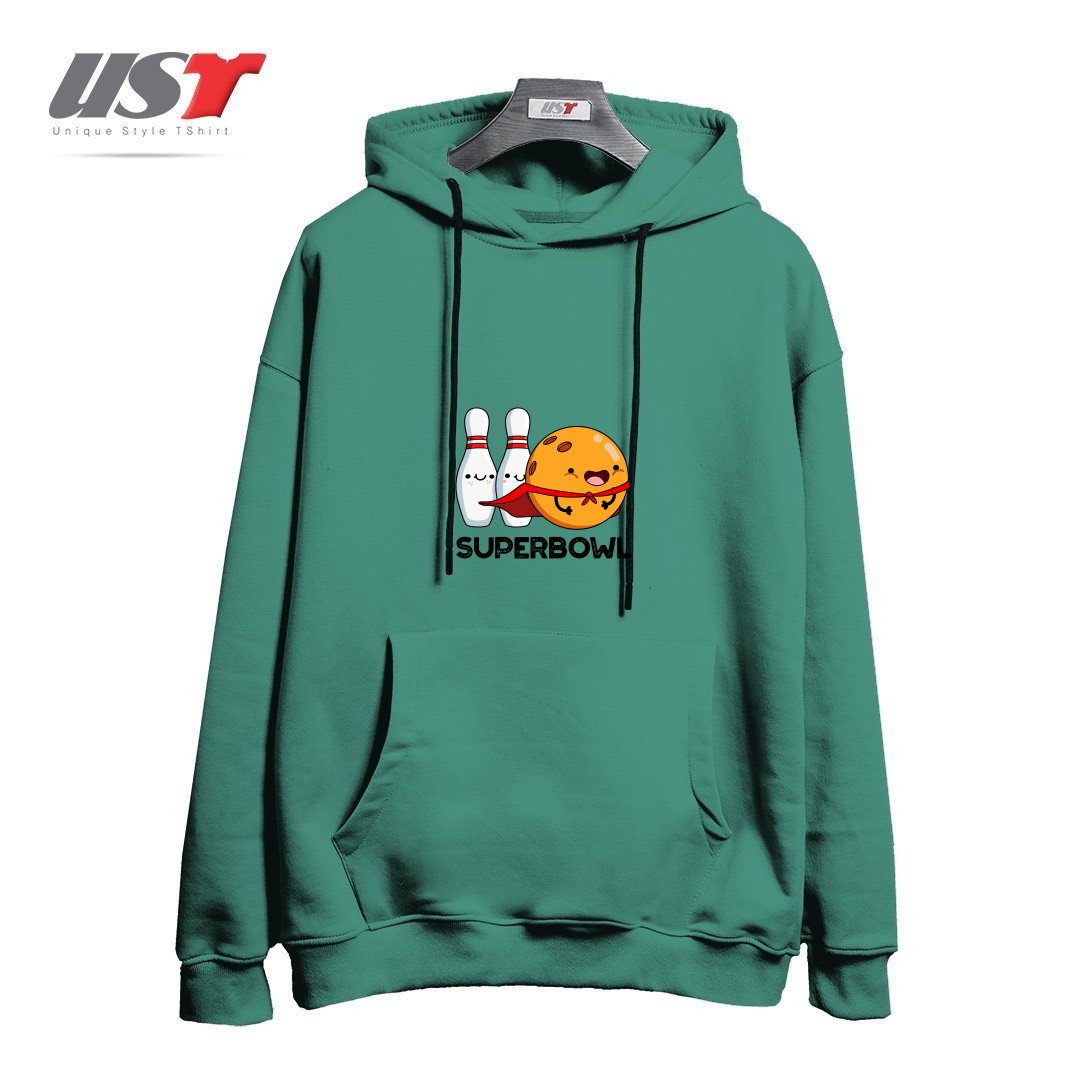 طرح SUPER BOWL CUTE SUPER HERO BOWLING PUN هودی اورسایزرنگ سبز سدری