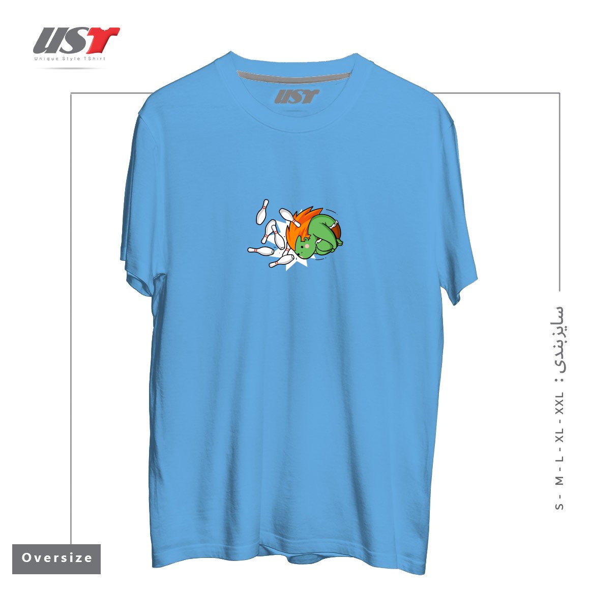 طرح SPORTY BUDDY BOWLING تیشرت اورسایزرنگ آبی روشن