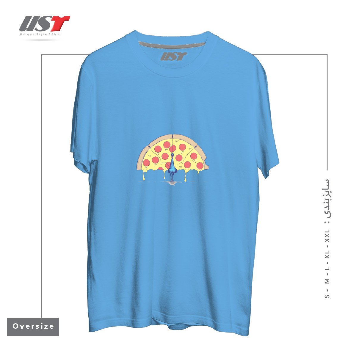 طرح PIZZA PEACOCK354554 تیشرت اورسایزرنگ آبی روشن