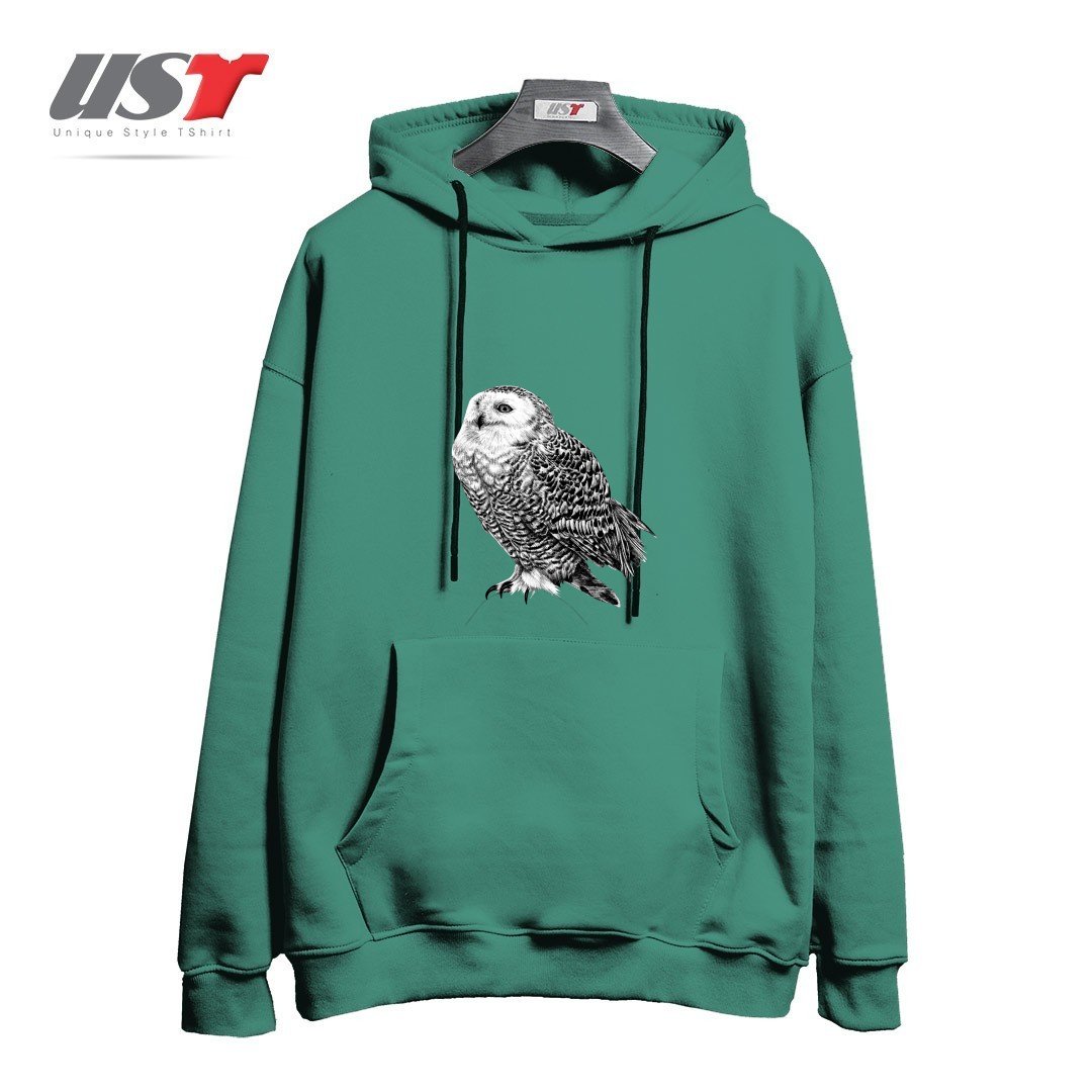 طرح SNOWY OWL - BLACK AND WHITE ANIMAL ILLUSTRATION هودی اورسایزرنگ سبز سدری