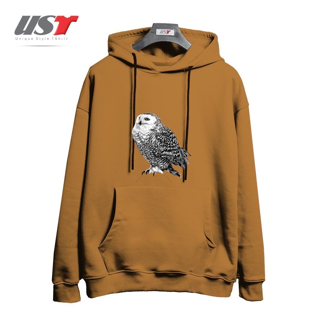 هودی اورسایز طرح SNOWY OWL - BLACK AND WHITE ANIMAL ILLUSTRATION