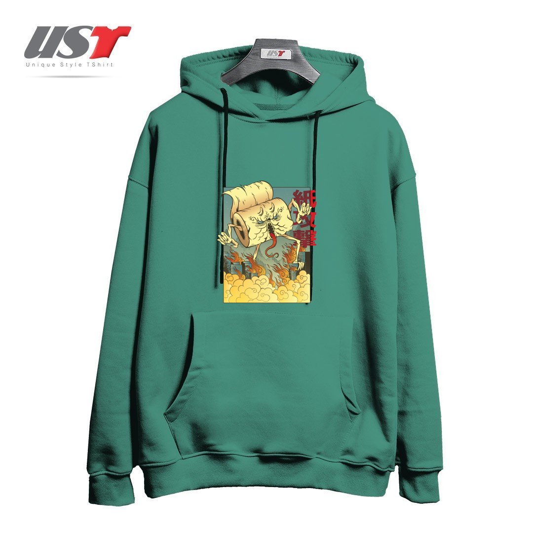 طرح Toilet Paper Monster هودی اورسایزرنگ سبز سدری