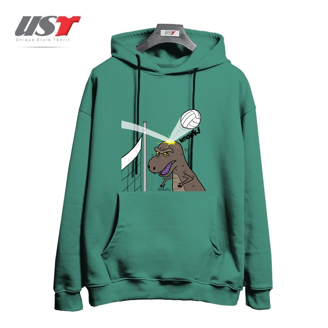 طرح WHY T-REXES DO NOT LIKE VOLLEYBALL هودی اورسایزرنگ سبز سدری