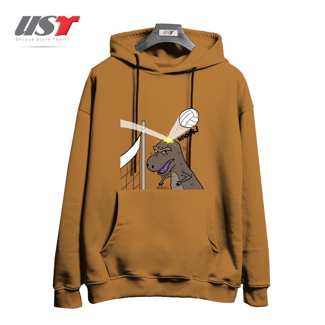 طرح WHY T-REXES DO NOT LIKE VOLLEYBALL هودی اورسایزرنگ نسکافه ای