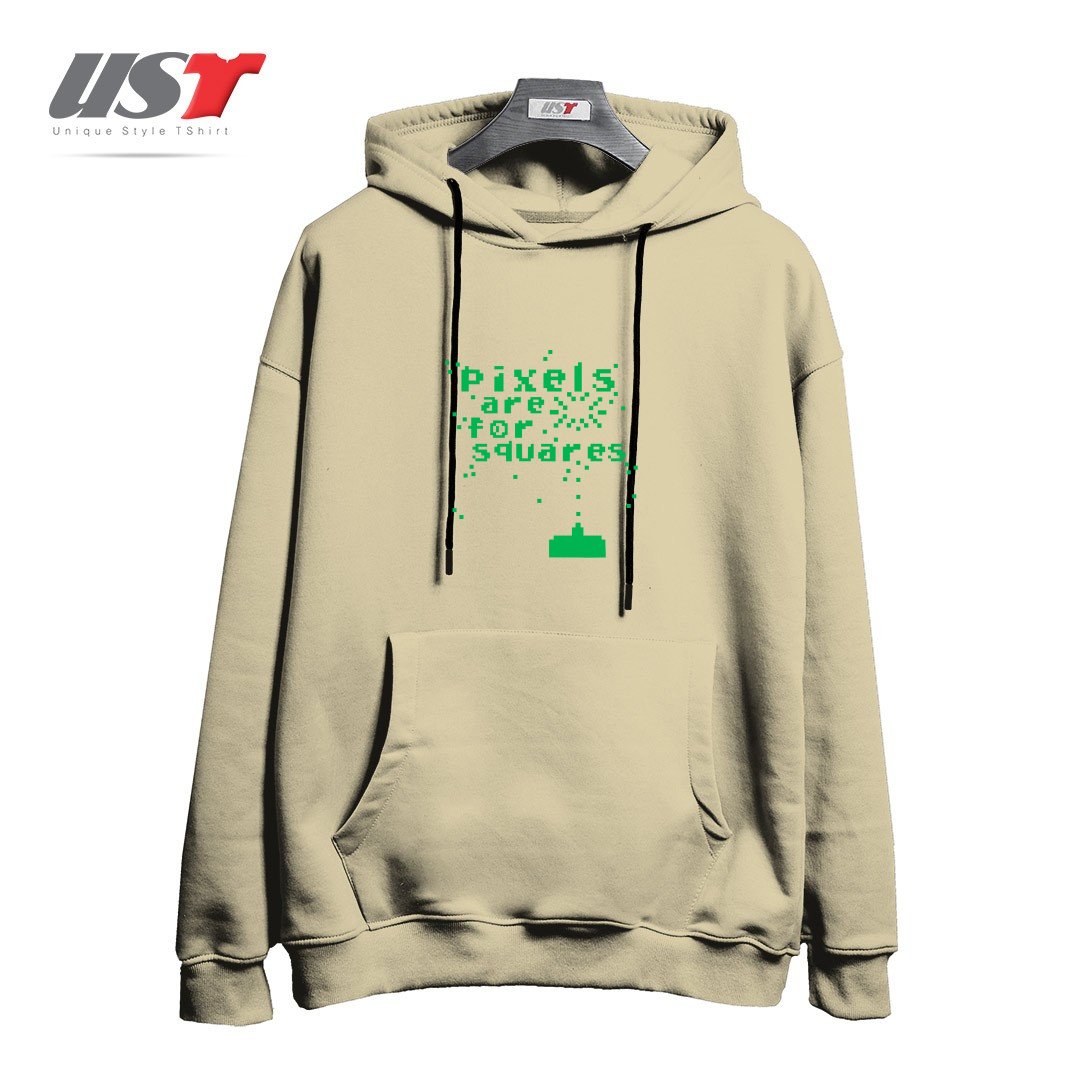 طرح PIXELS ARE FOR SQUARES هودی اورسایزرنگ نخودی