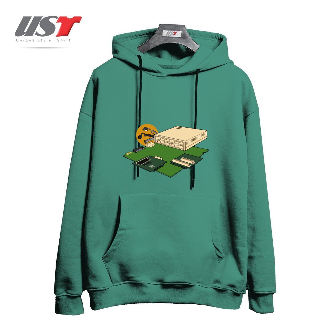 طرح VINTAGE COMPUTER هودی اورسایزرنگ سبز سدری