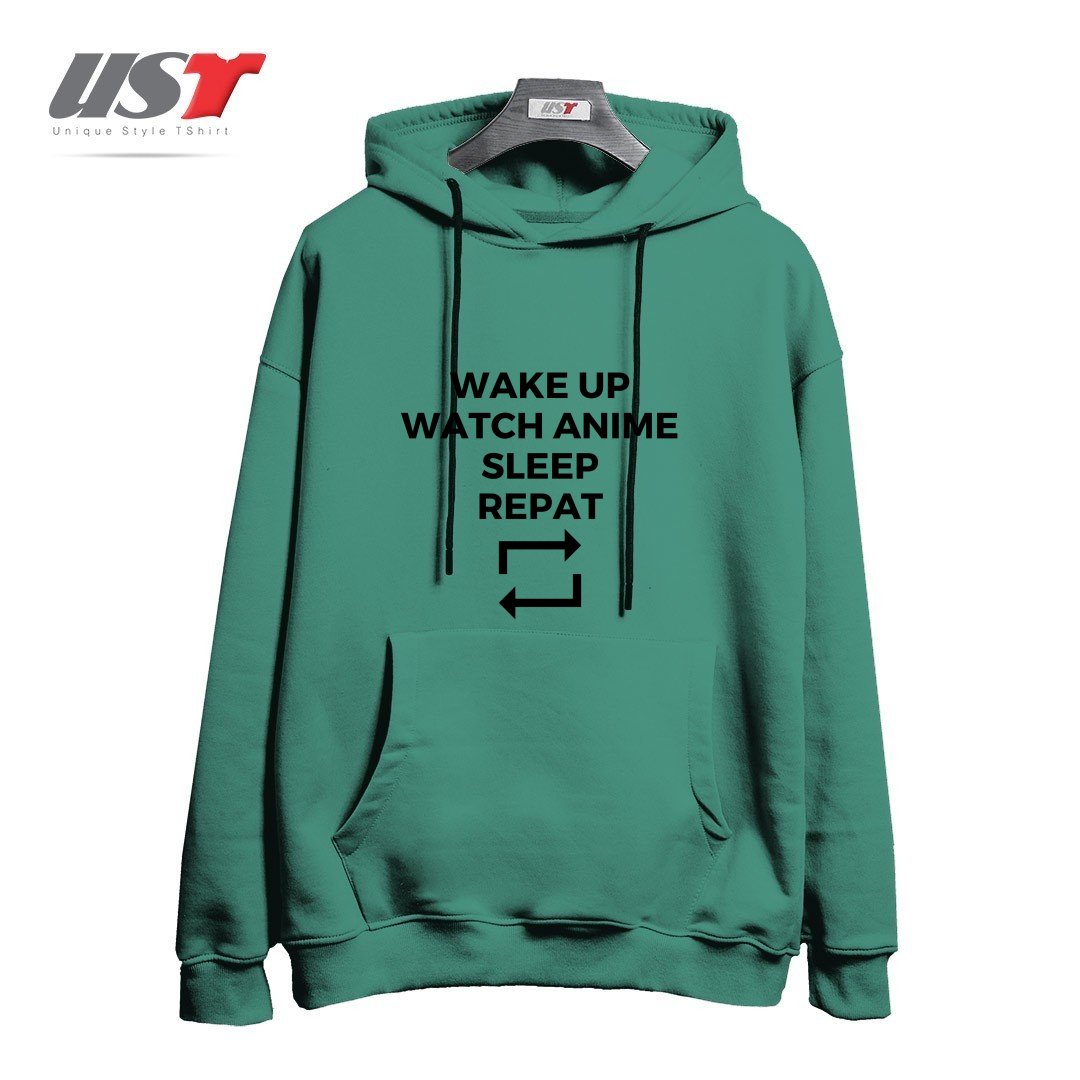 طرح WAKE UP WATCH ANIME SLEEP REPEAT هودی اورسایزرنگ سبز سدری