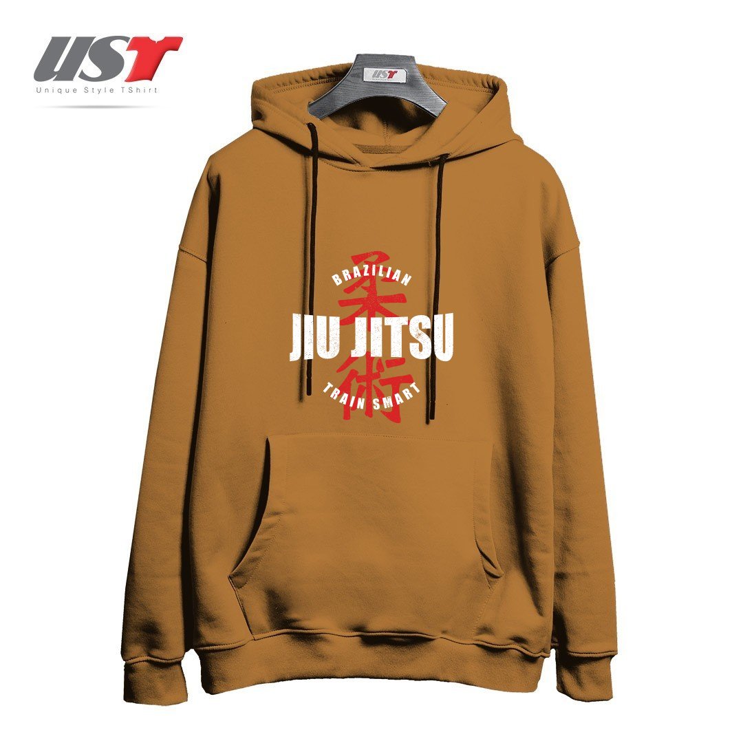 طرح JIU JITSU  TRAIN SMART هودی اورسایزرنگ نسکافه ای