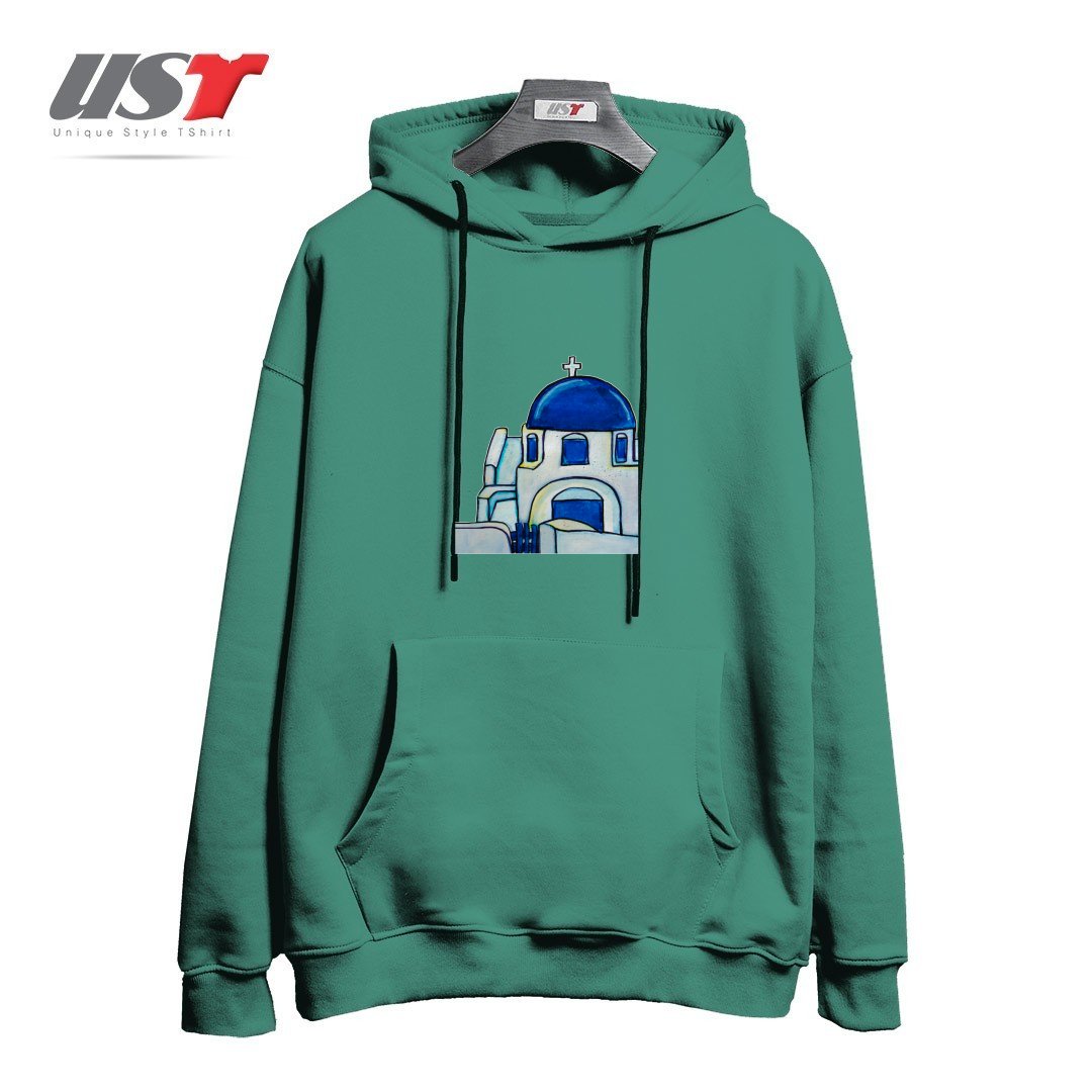 طرح HAND PAINTED WATERCOLOR SANTORINI CHURCH هودی اورسایزرنگ سبز سدری