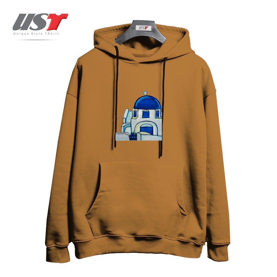 طرح HAND PAINTED WATERCOLOR SANTORINI CHURCH هودی اورسایزرنگ نسکافه ای