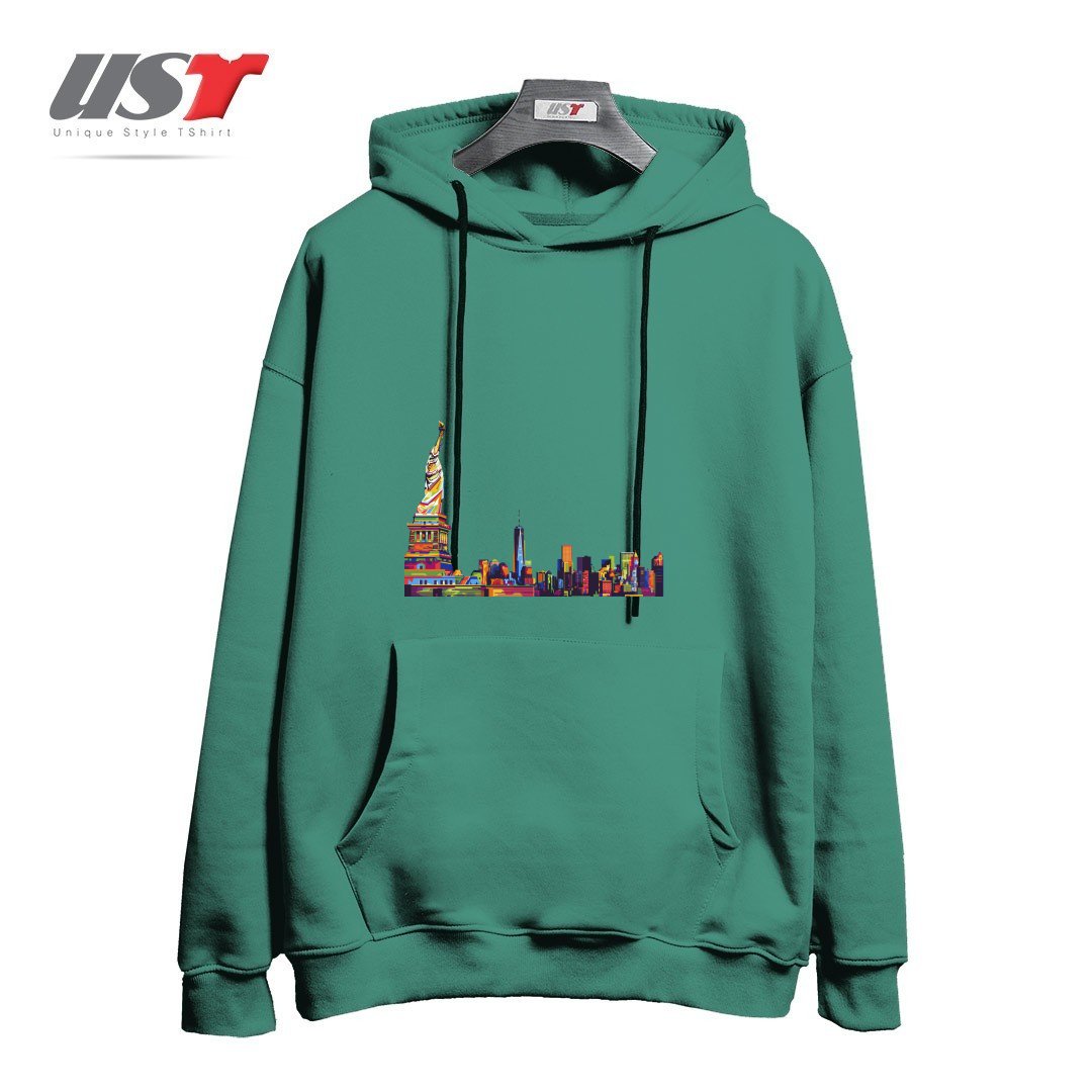 طرح NEW YORK SKYLINE هودی اورسایزرنگ سبز سدری
