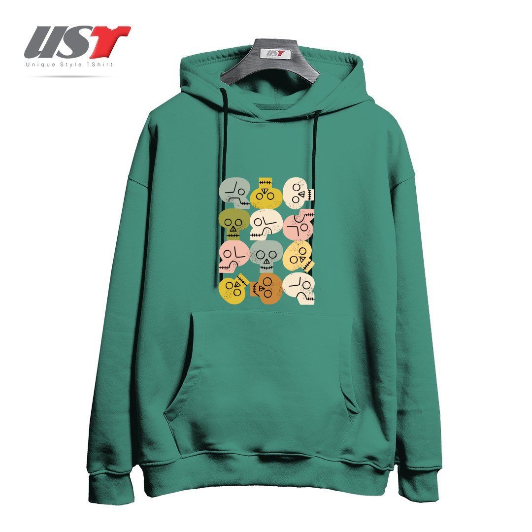 طرح HAPPY SKULLS هودی اورسایزرنگ سبز سدری