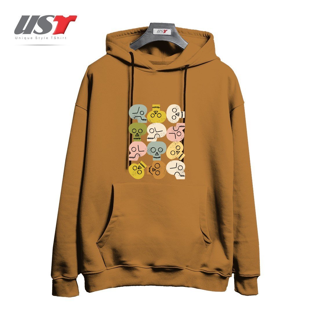 طرح HAPPY SKULLS هودی اورسایزرنگ نسکافه ای