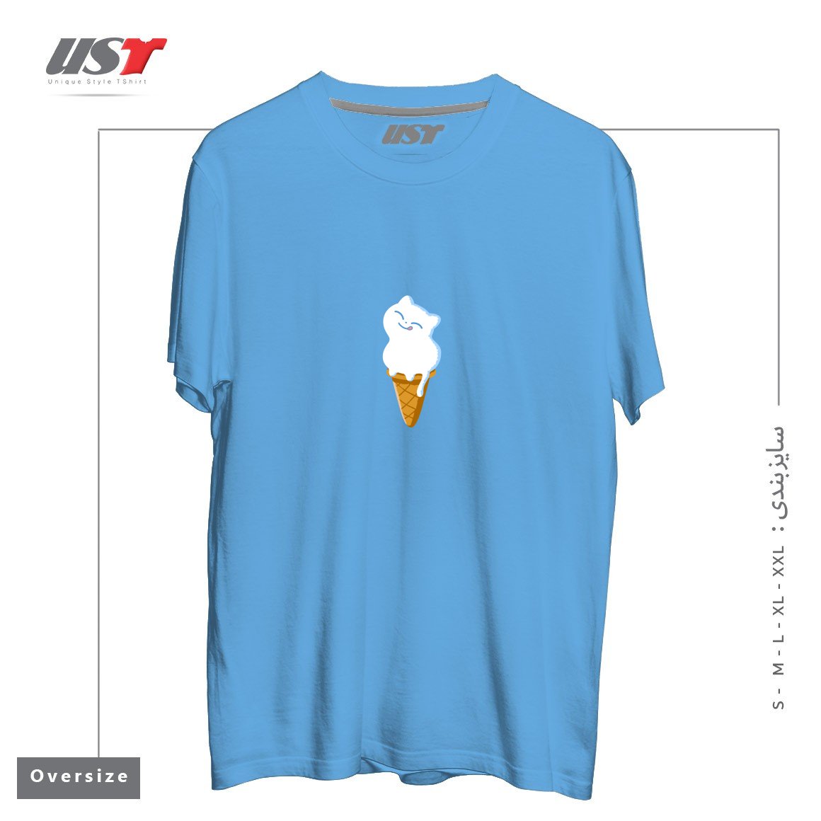 طرح ICE CREAM CAT تیشرت اورسایزرنگ آبی روشن