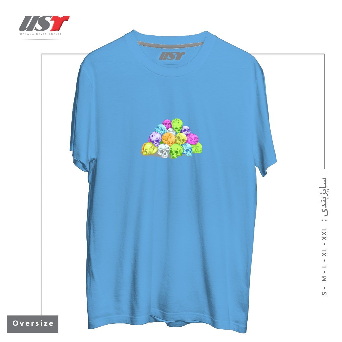 طرح CANDY SKULLS تیشرت اورسایزرنگ آبی روشن