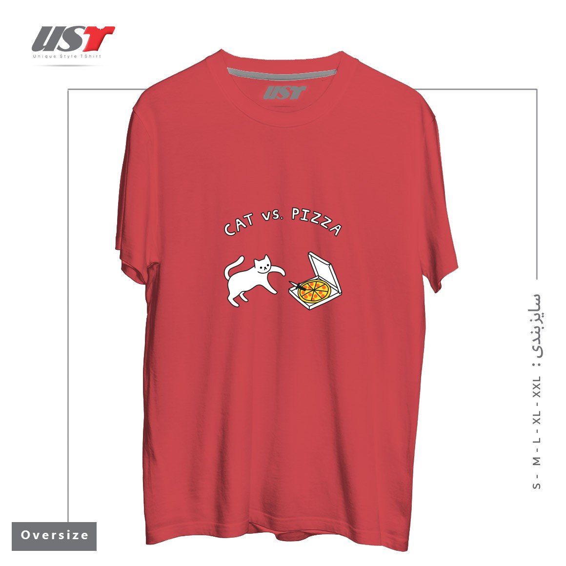 طرح CAT VS. PIZZA تیشرت اورسایزرنگ ماتیکی