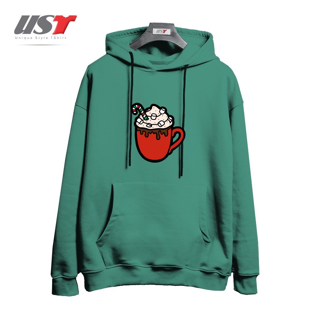 طرح FESTIVE HOT COCOA هودی اورسایزرنگ سبز سدری