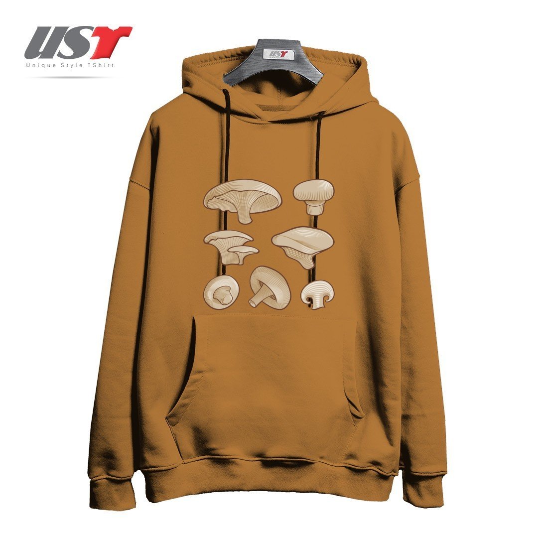 طرح WOODCUT MUSHROOMS هودی اورسایزرنگ نسکافه ای