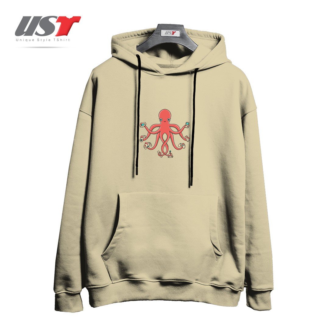 طرح GAMER OCTOPUS هودی اورسایزرنگ نخودی