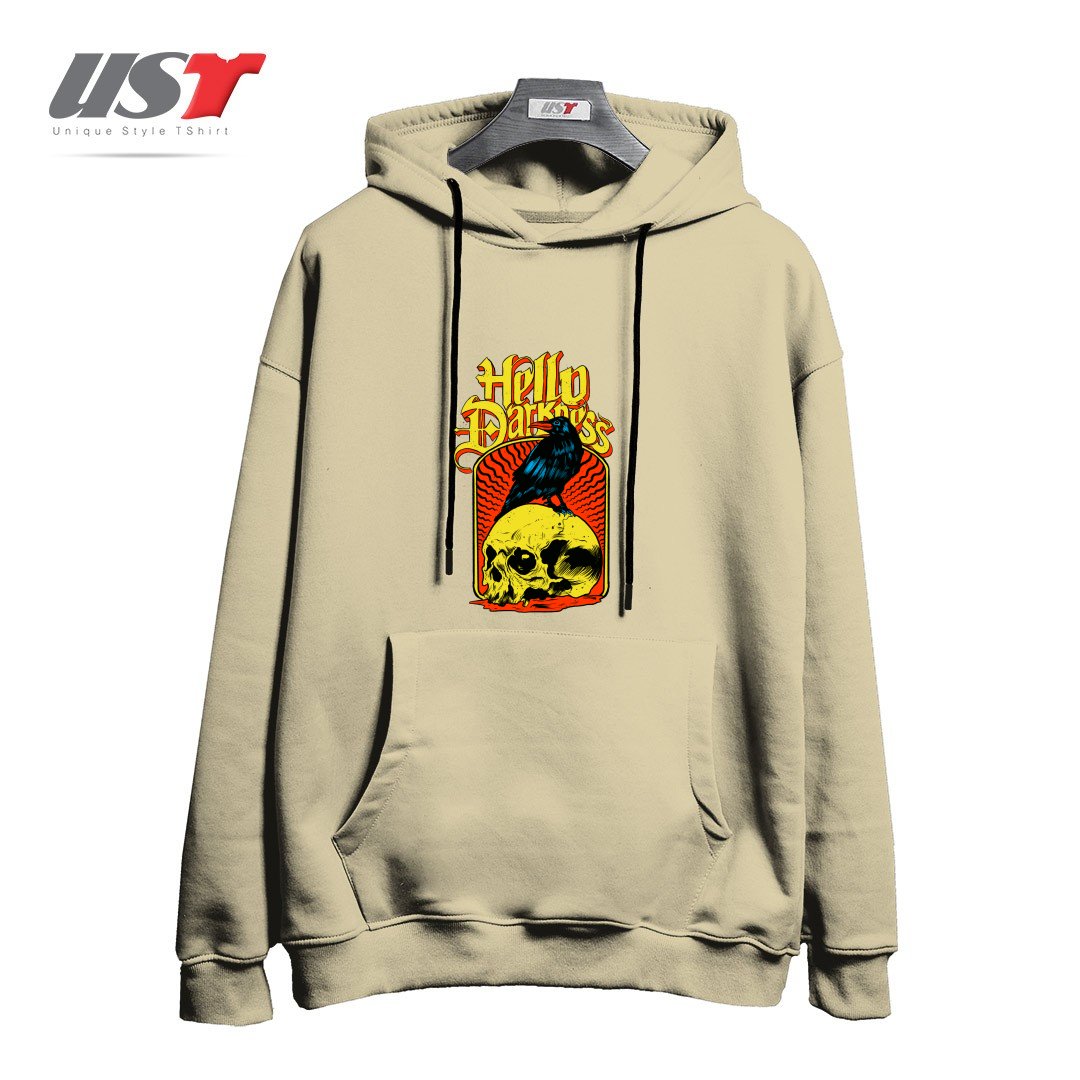 طرح HELLO DARKNESS هودی اورسایزرنگ نخودی