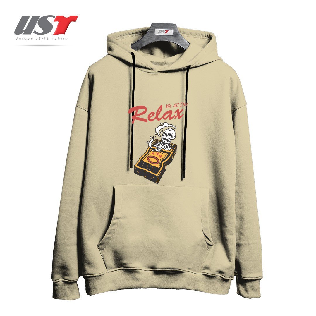 طرح RELAX WE ALL DIE هودی اورسایزرنگ نخودی