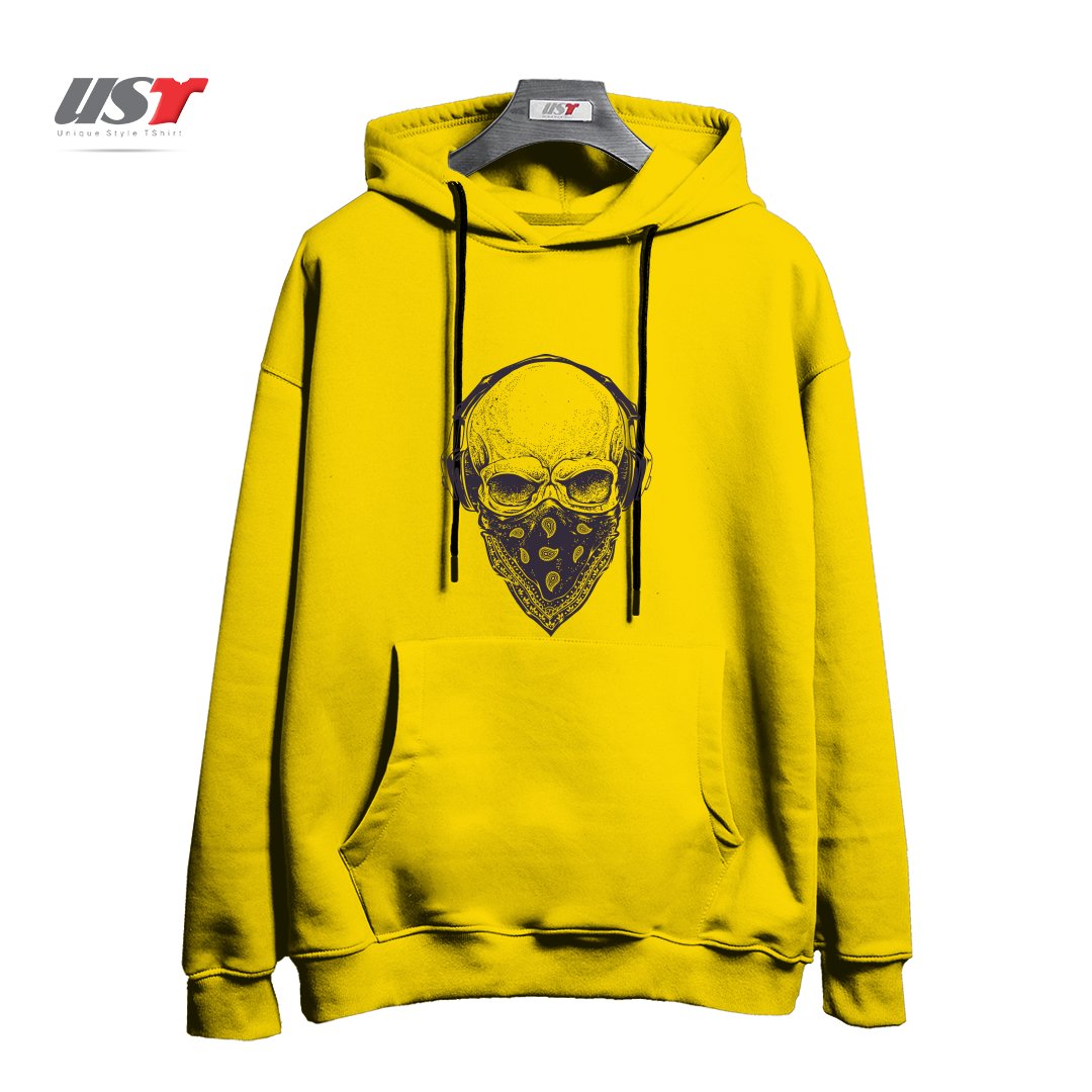 طرح SKULL WITH HEADPHONES هودی اورسایزرنگ زرد