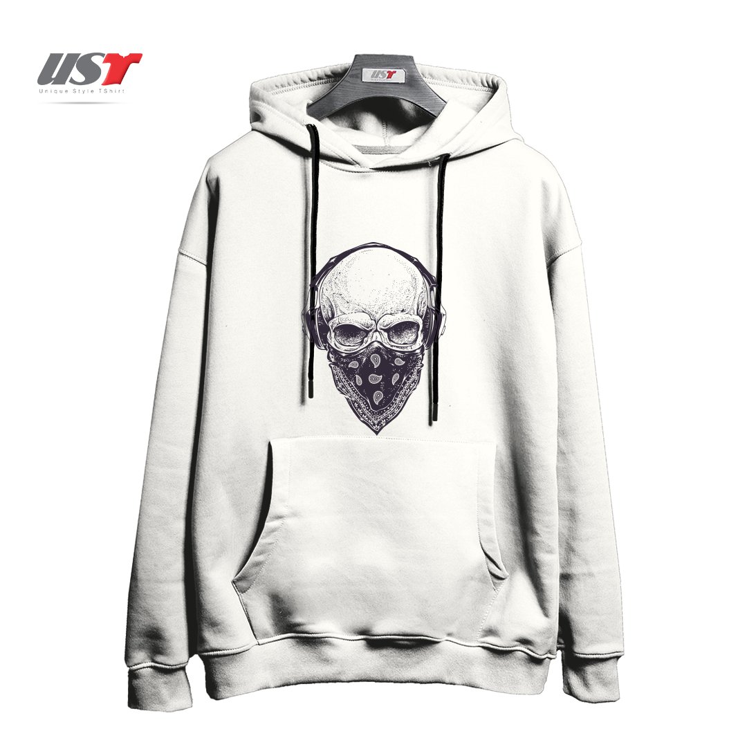 طرح SKULL WITH HEADPHONES هودی اورسایزرنگ سفید