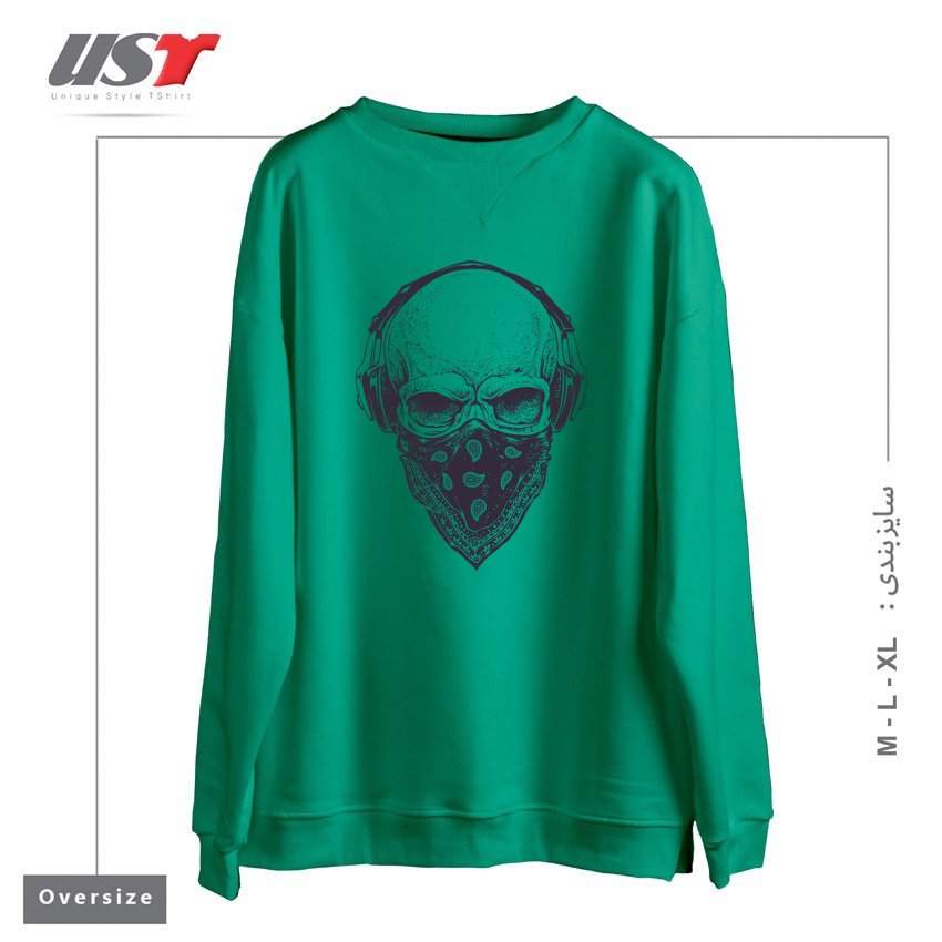 طرح SKULL WITH HEADPHONES سوییشرت اورسایزرنگ سبز سدری