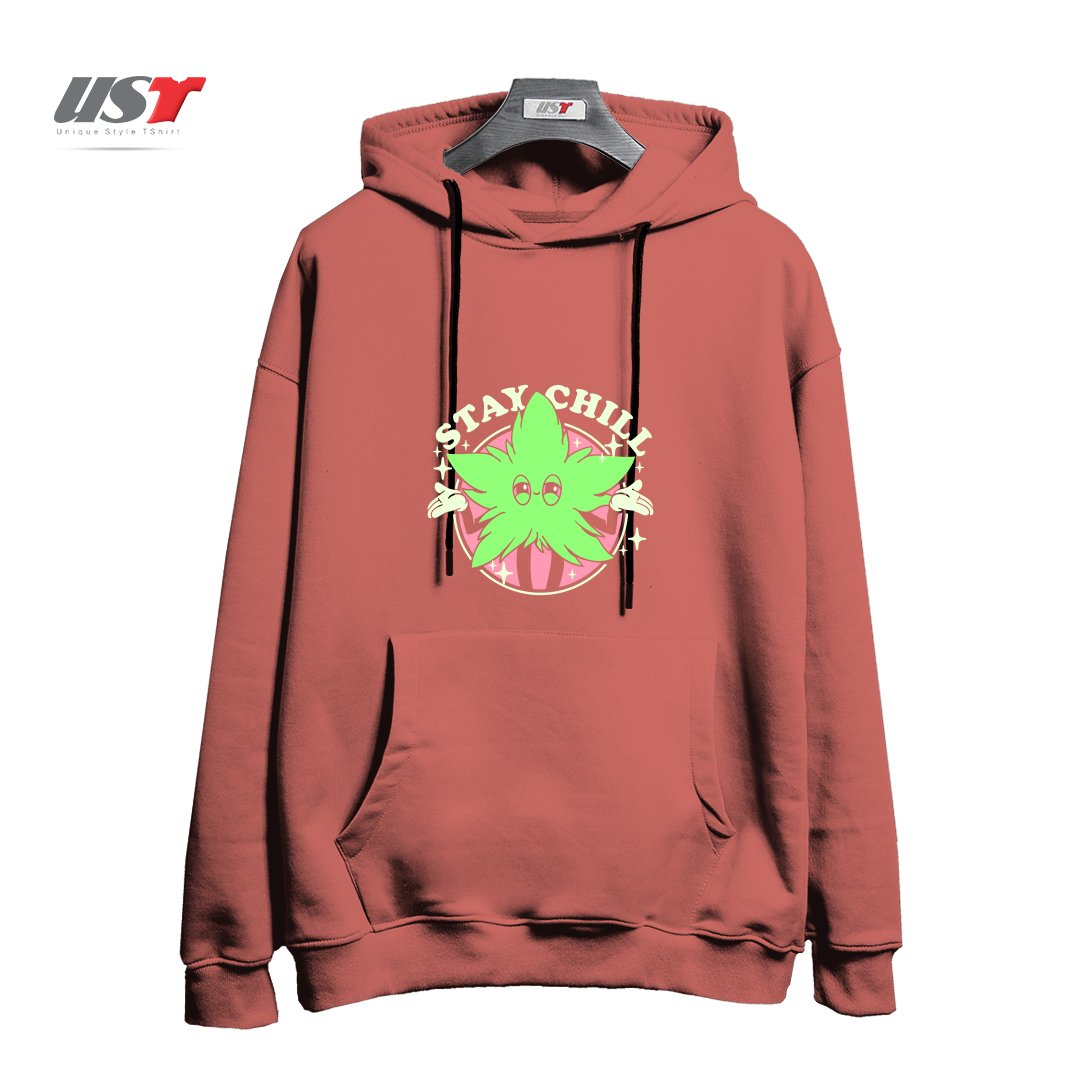 طرح STAY CHILL هودی اورسایزرنگ آجری