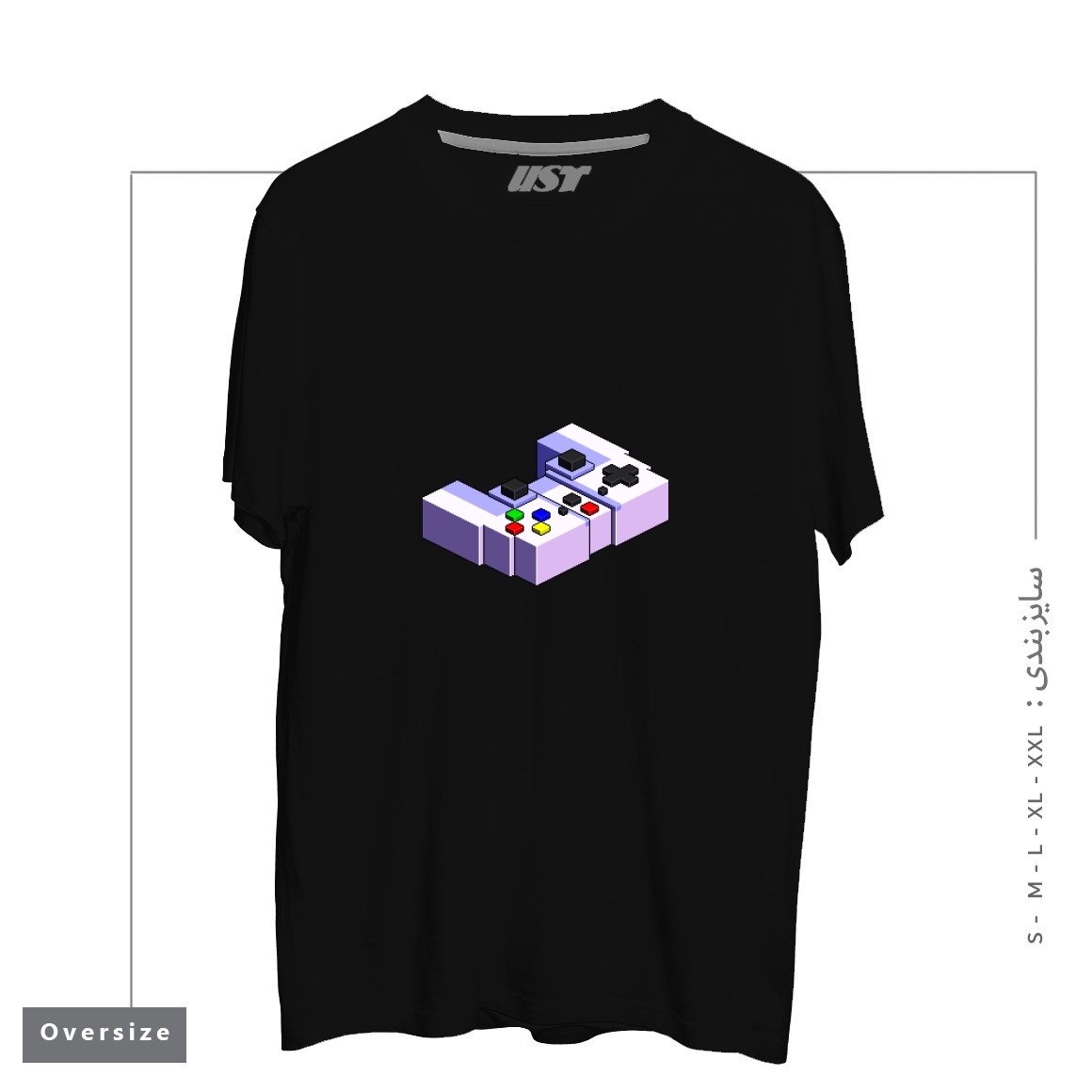 طرح GAME CONTROLLER PIXEL ART تیشرت اورسایزرنگ مشکی