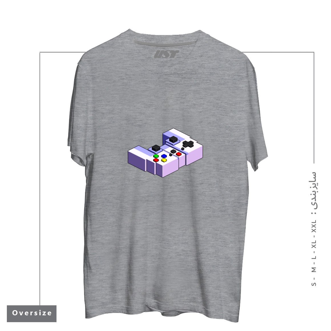 طرح GAME CONTROLLER PIXEL ART تیشرت اورسایزرنگ طوسی ملانژ